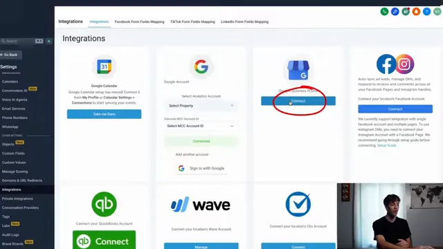 Settings > Integrations screen showing Google sign-in to add business profile