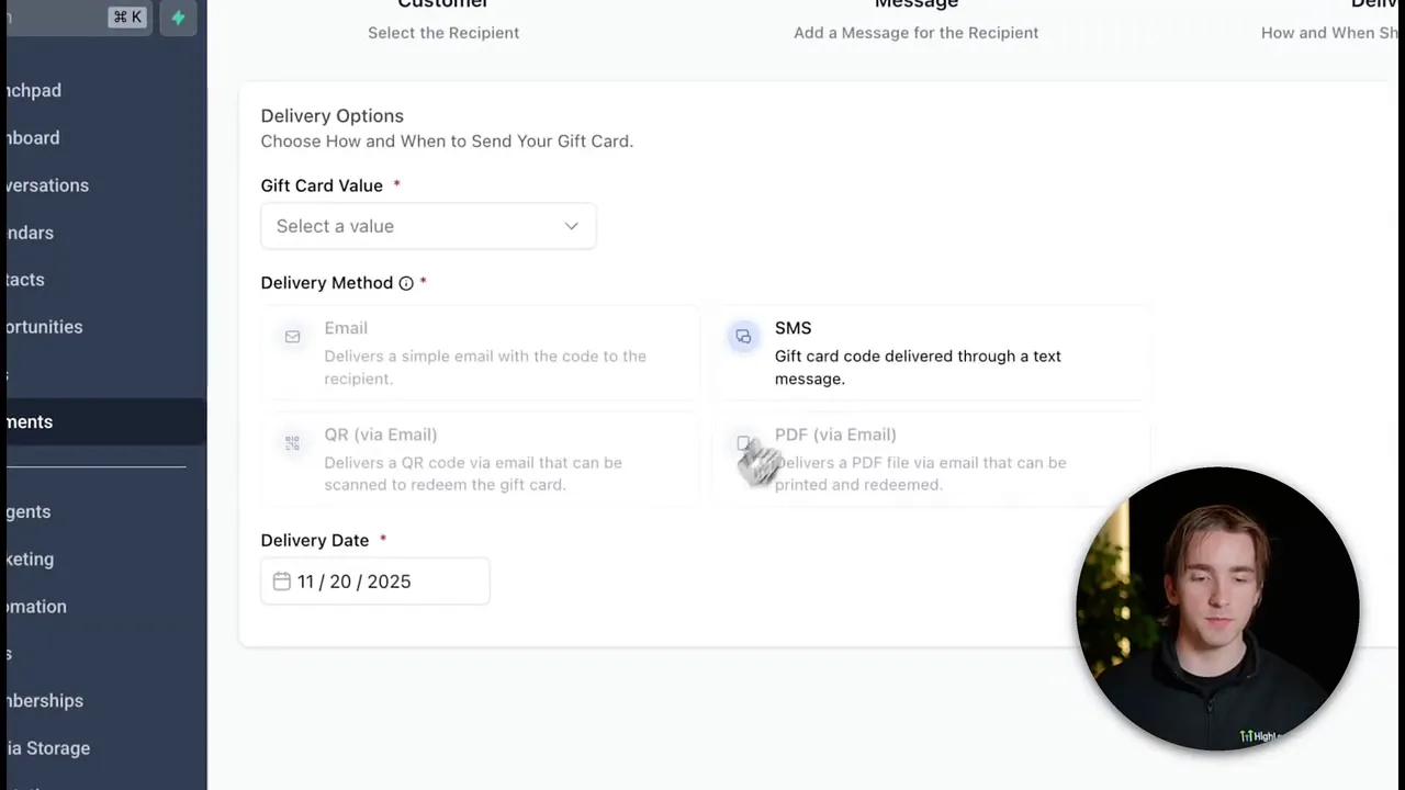 GFunnel delivery options close-up showing Gift Card Value selector, Delivery Method choices (Email, SMS, QR, PDF) and Delivery Date field