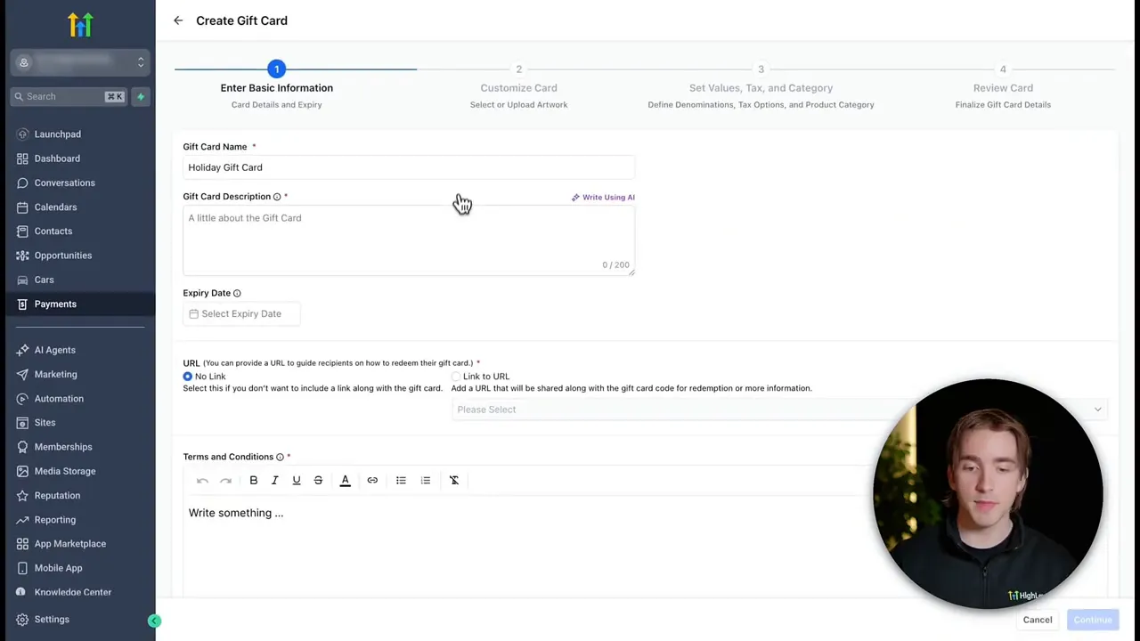 GFunnel Create Gift Card screen showing fields for gift card name, description, expiry, URL and terms with navigation