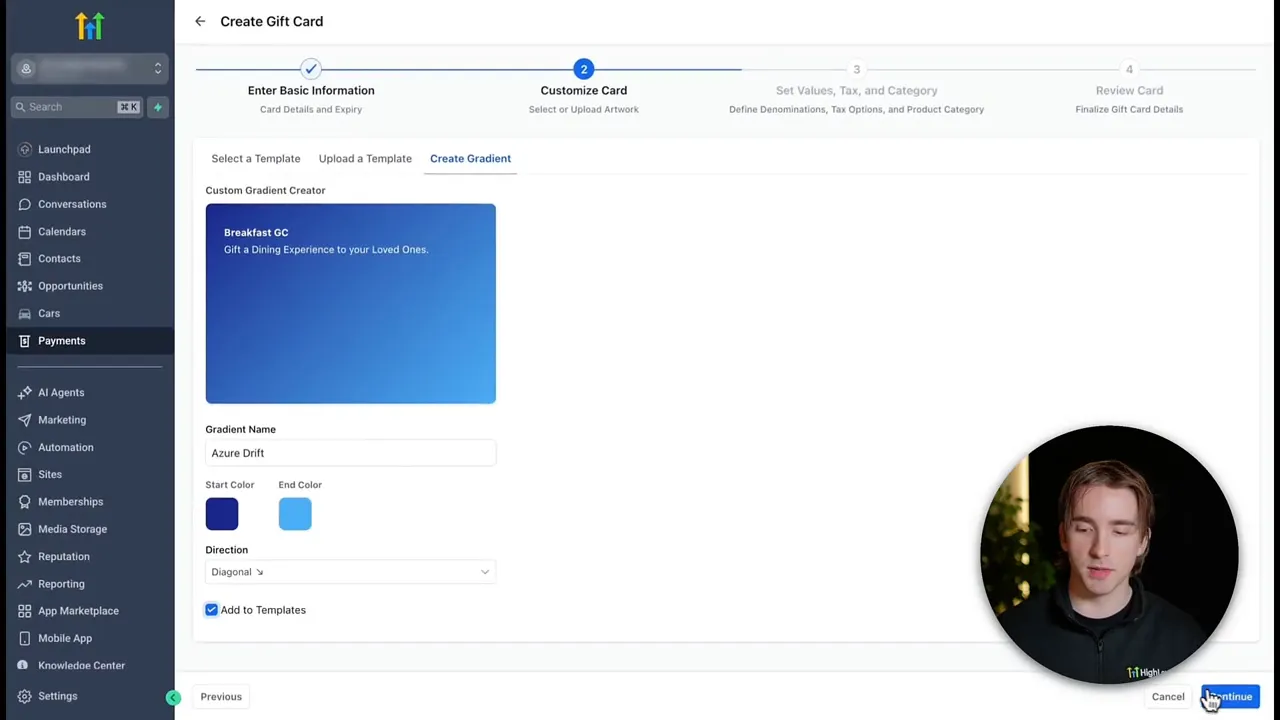 GFunnel Create Gradient screen showing gradient preview, name, colors and 'Add to Templates' option