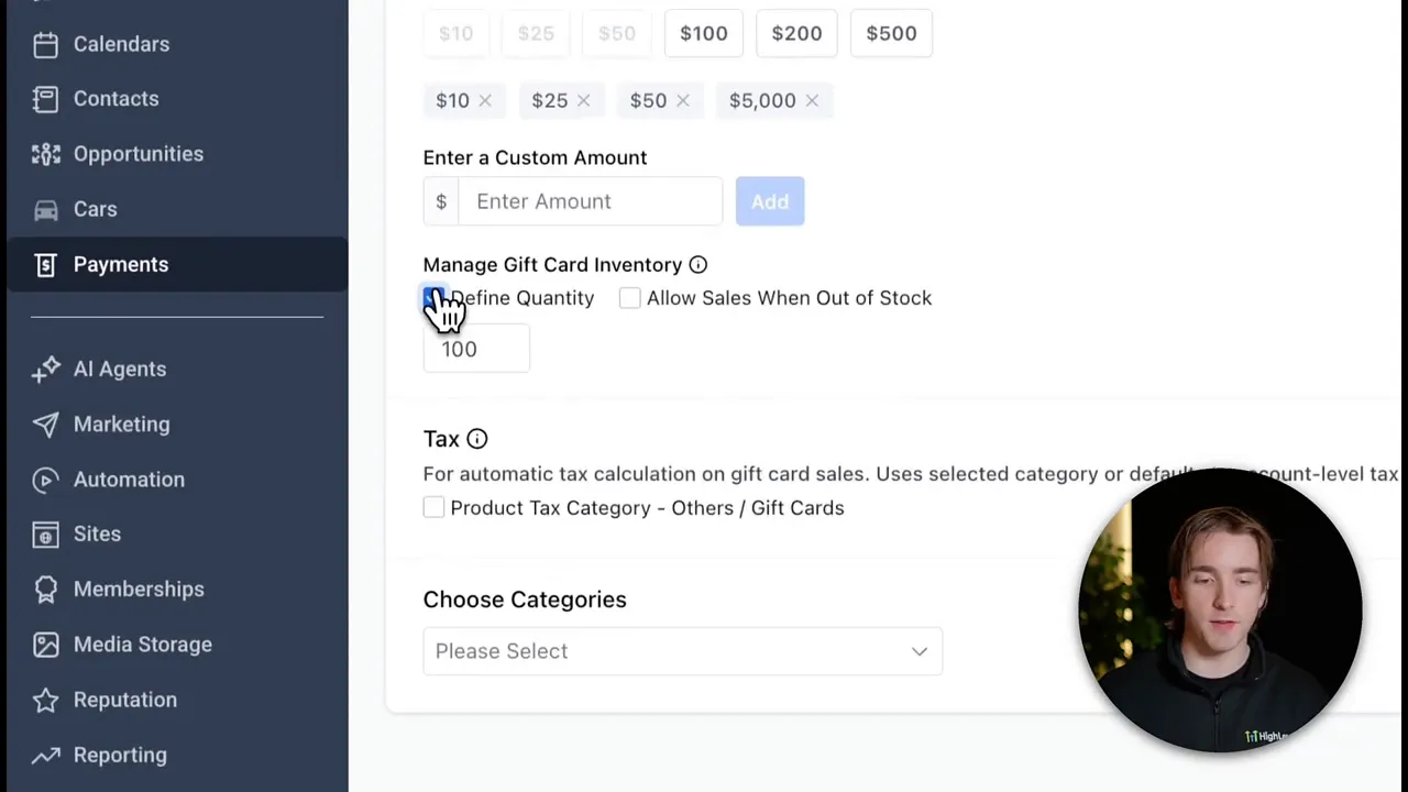 GFunnel gift card editor showing denomination tags, Define Quantity checkbox and inventory value