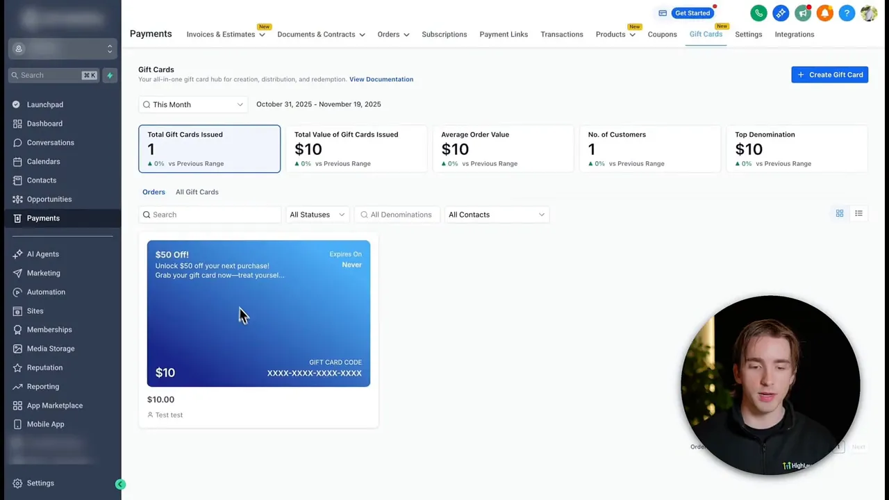 GFunnel real-time analytics dashboard showing total gift cards issued, total value, orders list and payments menu
