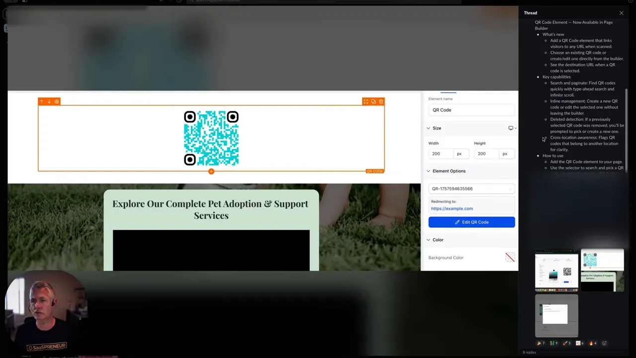 QR code element displayed in the website and funnel builders