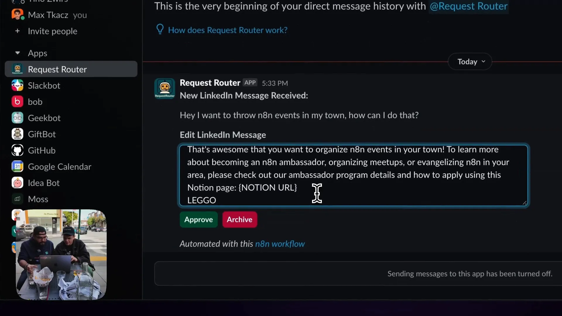 Slack message with AI-generated draft and approval buttons