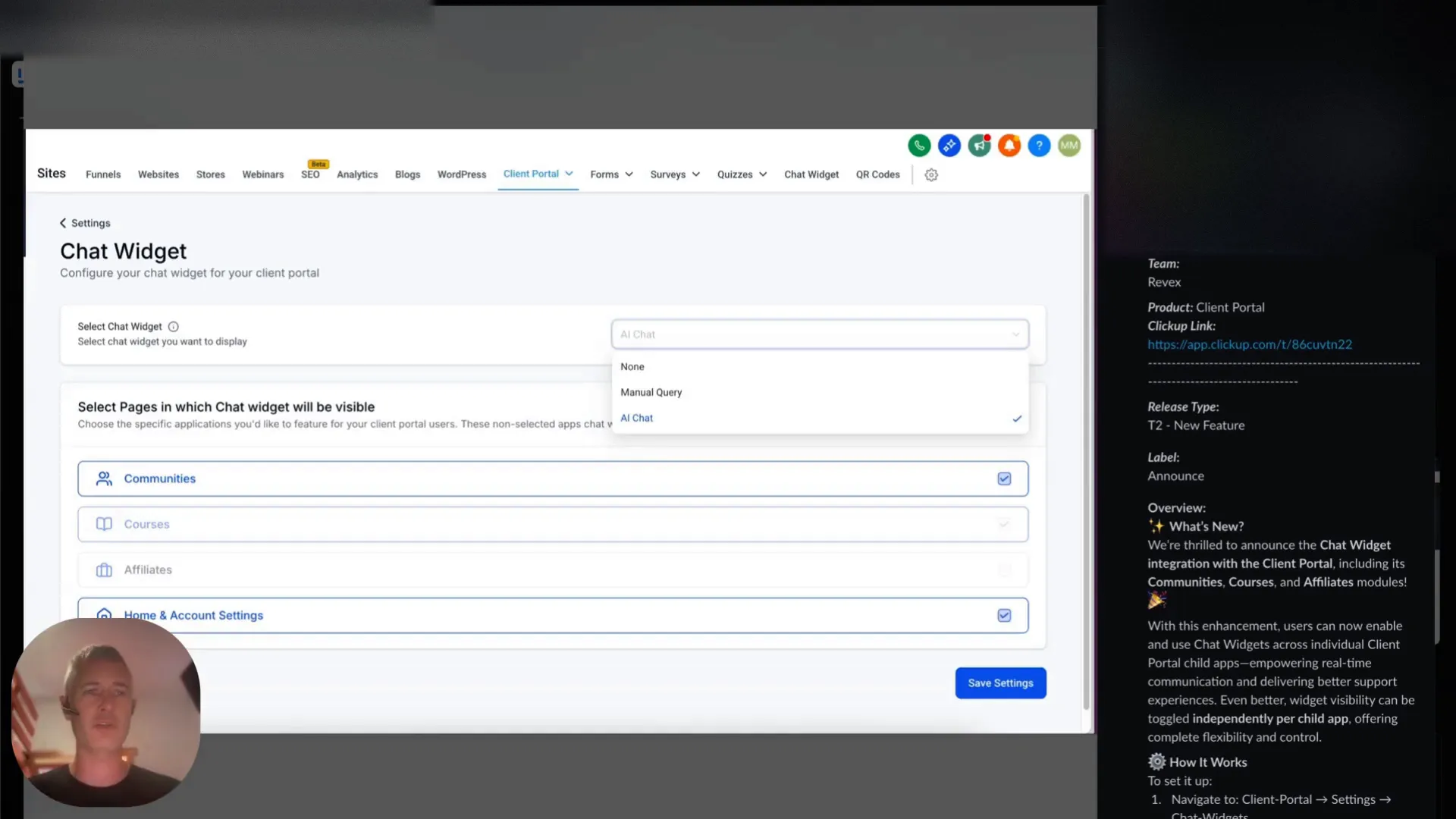 GFunnel client portal chat widget setup interface