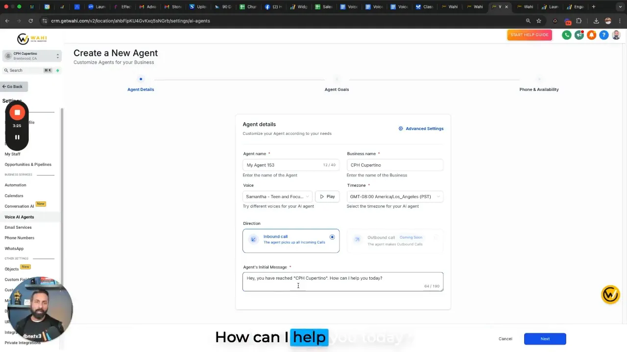 Setting up AI virtual receptionist initial message in GFunnel