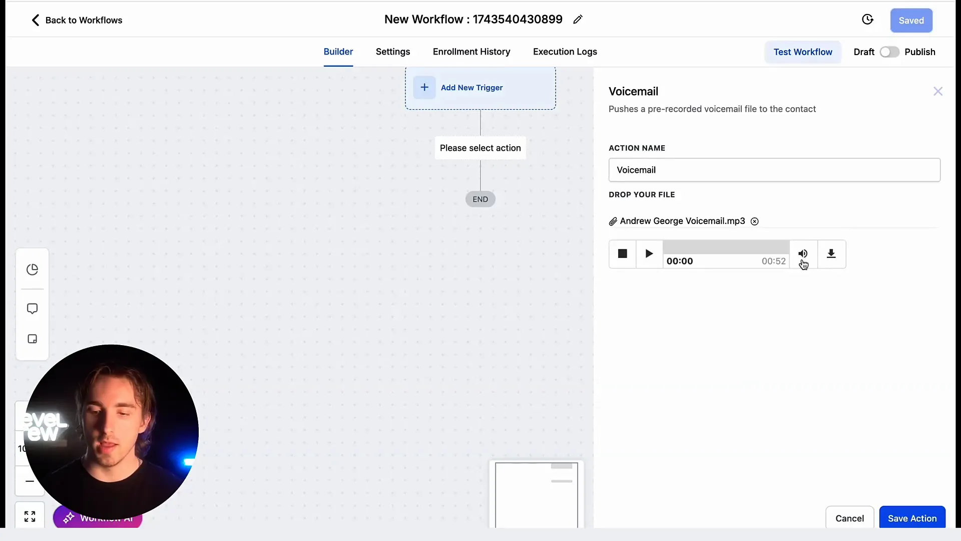 Uploading voicemail file in automation workflow