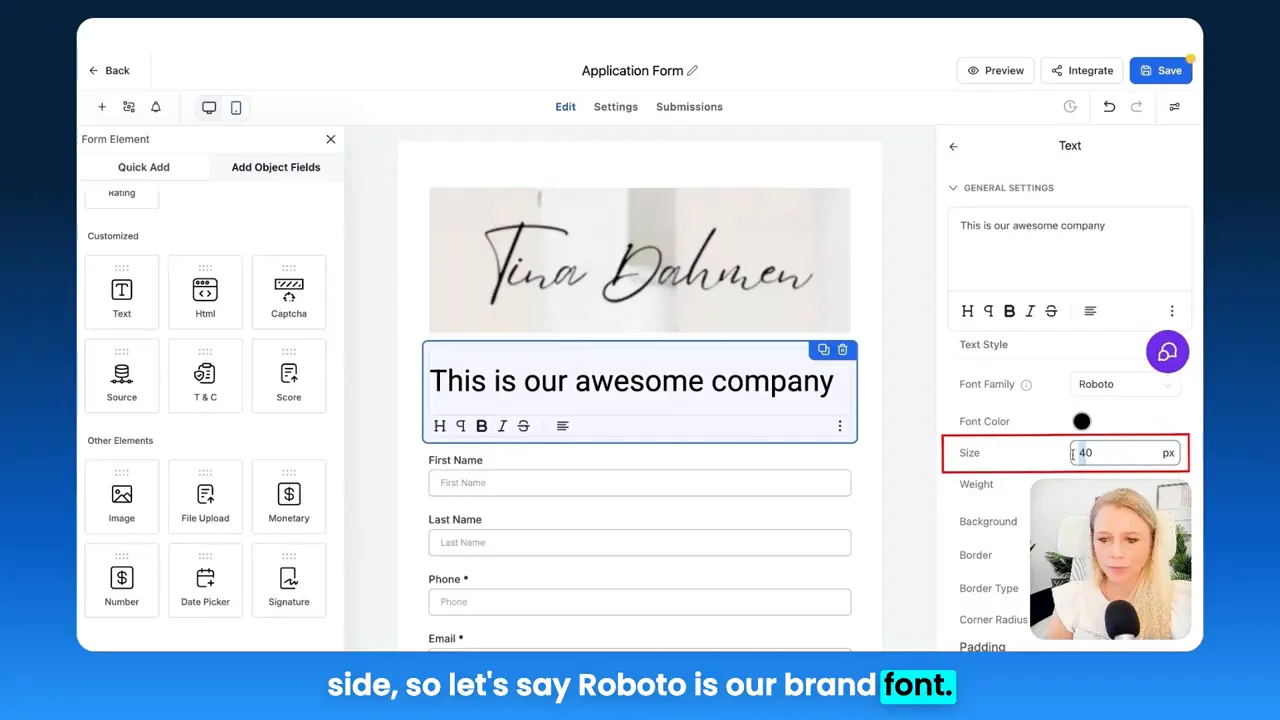 GFunnel form editor showing 'This is our awesome company' text block with font family and size settings (Roboto) in the right panel