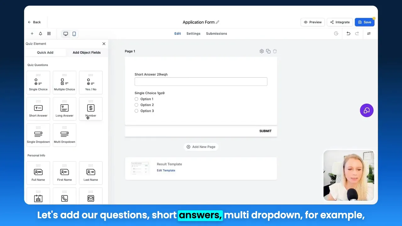 GFunnel quiz editor showing short answer and single-choice question blocks and the question element palette