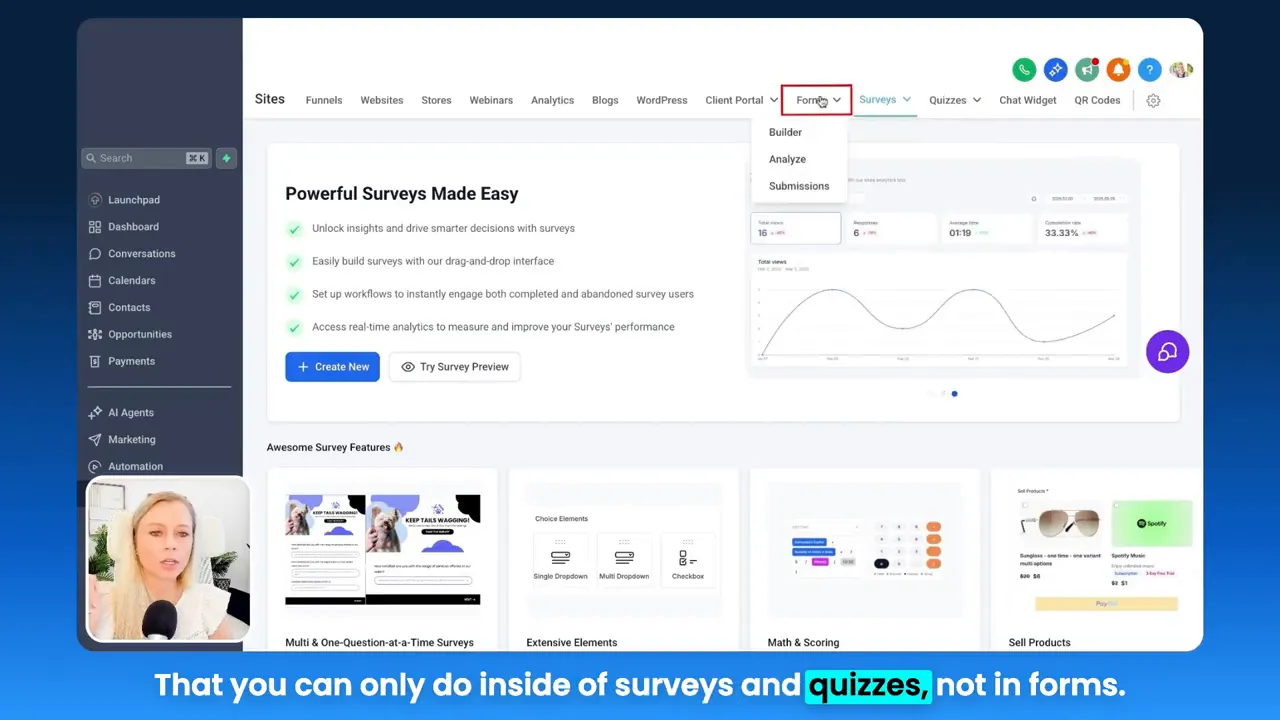 GFunnel surveys page with a line-chart analytics panel showing total views and conversion metrics.