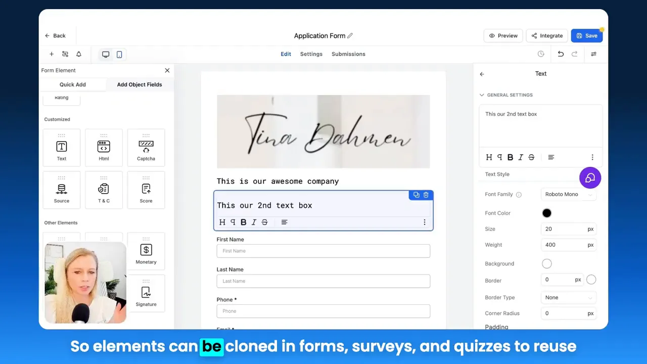 GFunnel editor showing a cloned text box with the settings panel — illustrating reusable elements and cloning