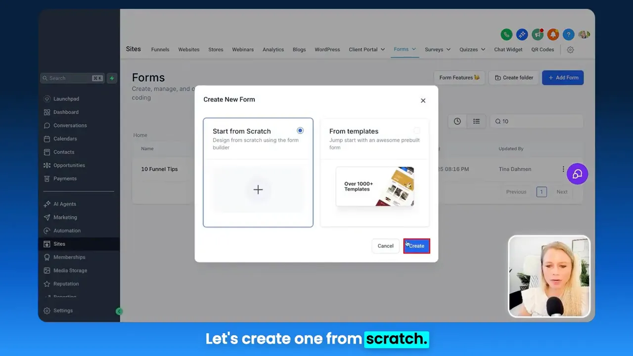 GFunnel dashboard with Create New Form modal showing Start from Scratch and From templates options