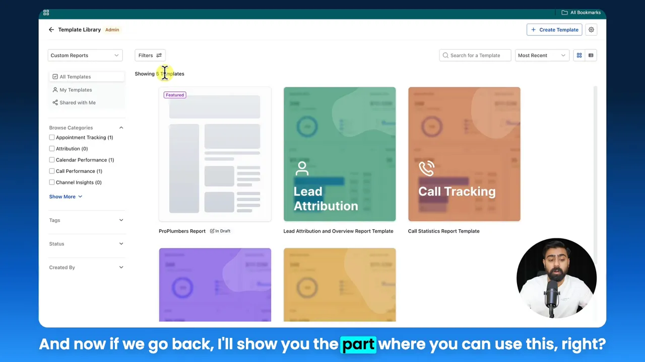 Template library grid showing multiple report templates including Lead Attribution and Call Tracking