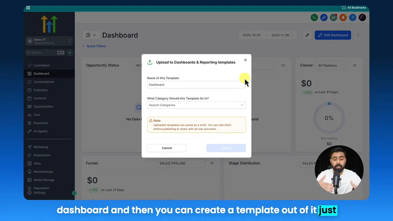 Clear 'Upload to Dashboards & Reporting templates' dialog centered on screen to save dashboard as a template.