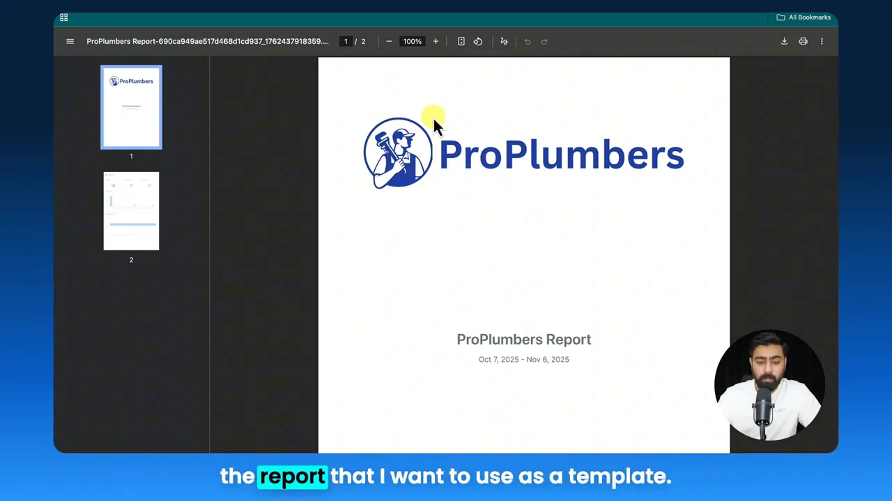 PDF viewer showing the ProPlumbers report cover page with a small presenter inset in the corner.
