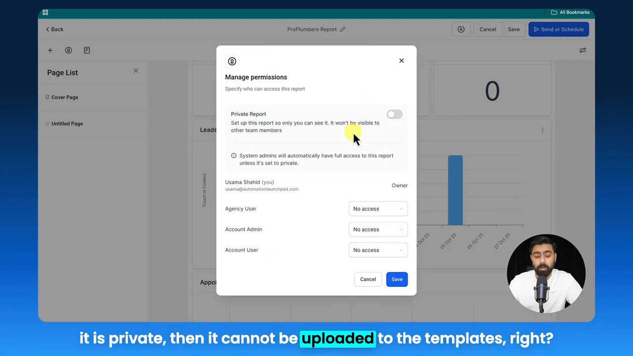 Manage permissions modal with 'Private Report' toggle off and configurable role access settings visible