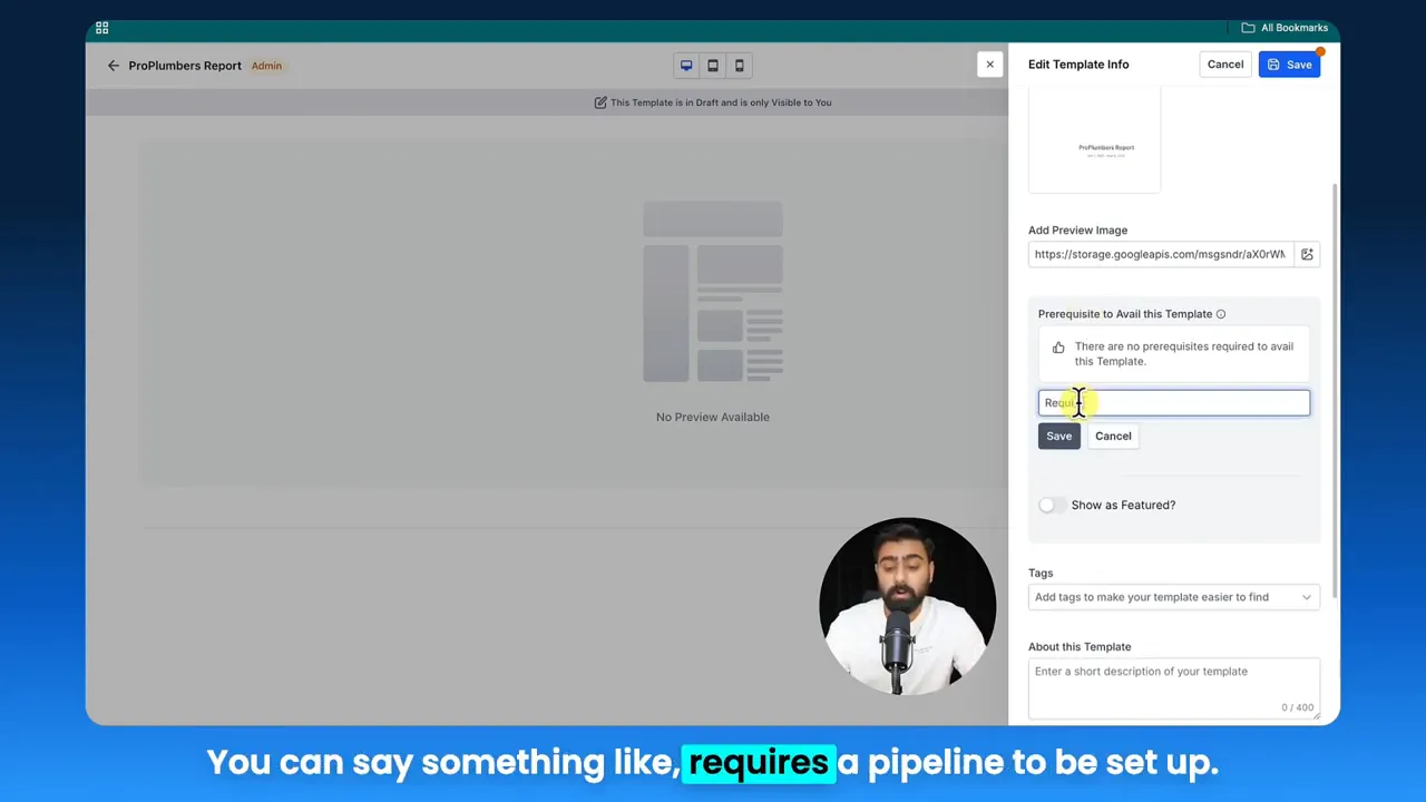 Typing a prerequisite ('requires') into the template prerequisites field in GFunnel