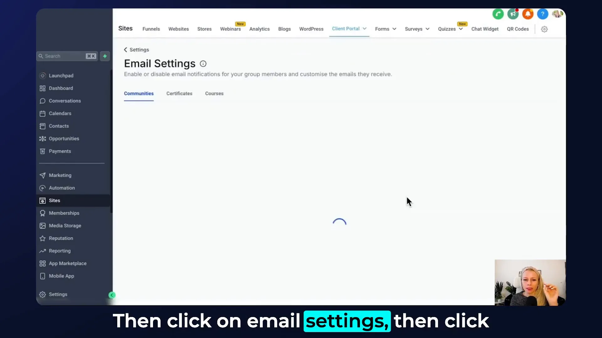 Navigating email settings in course platform