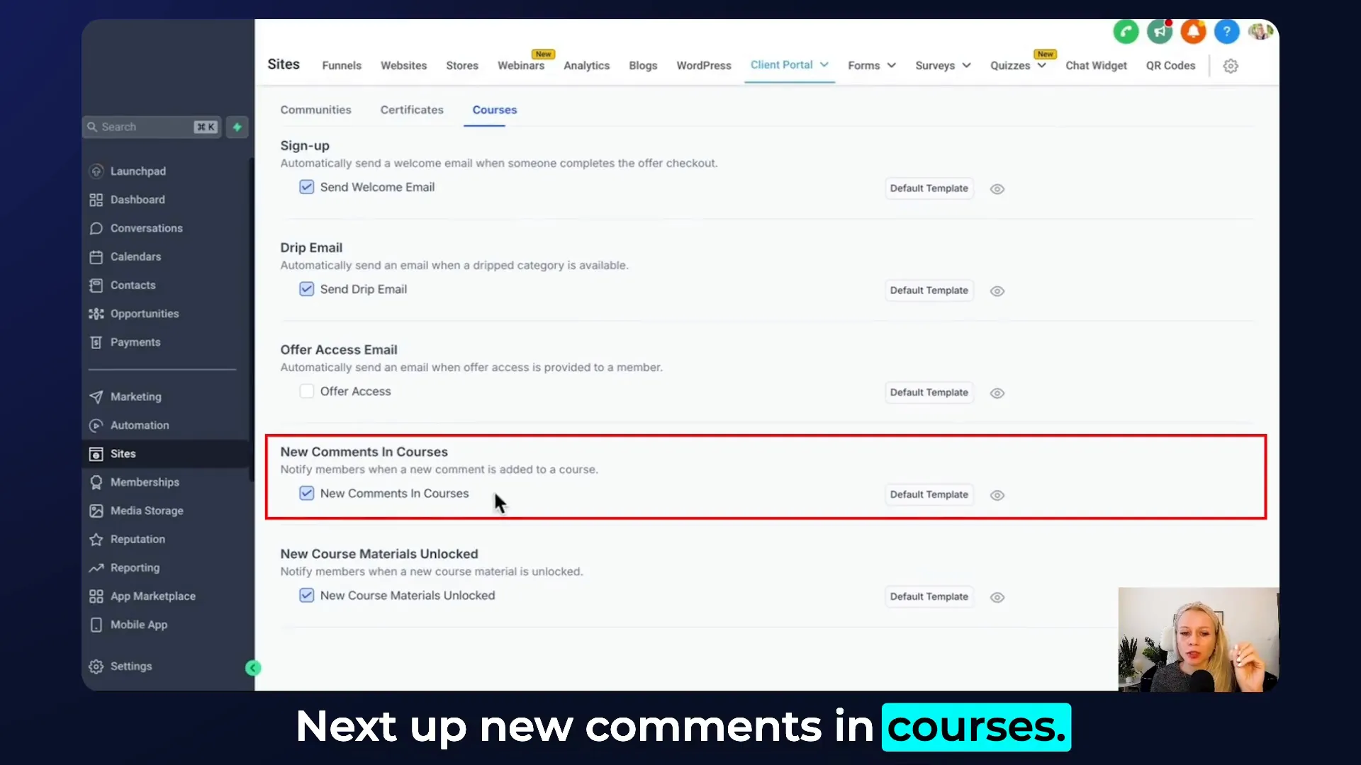 Notification of new comments in course