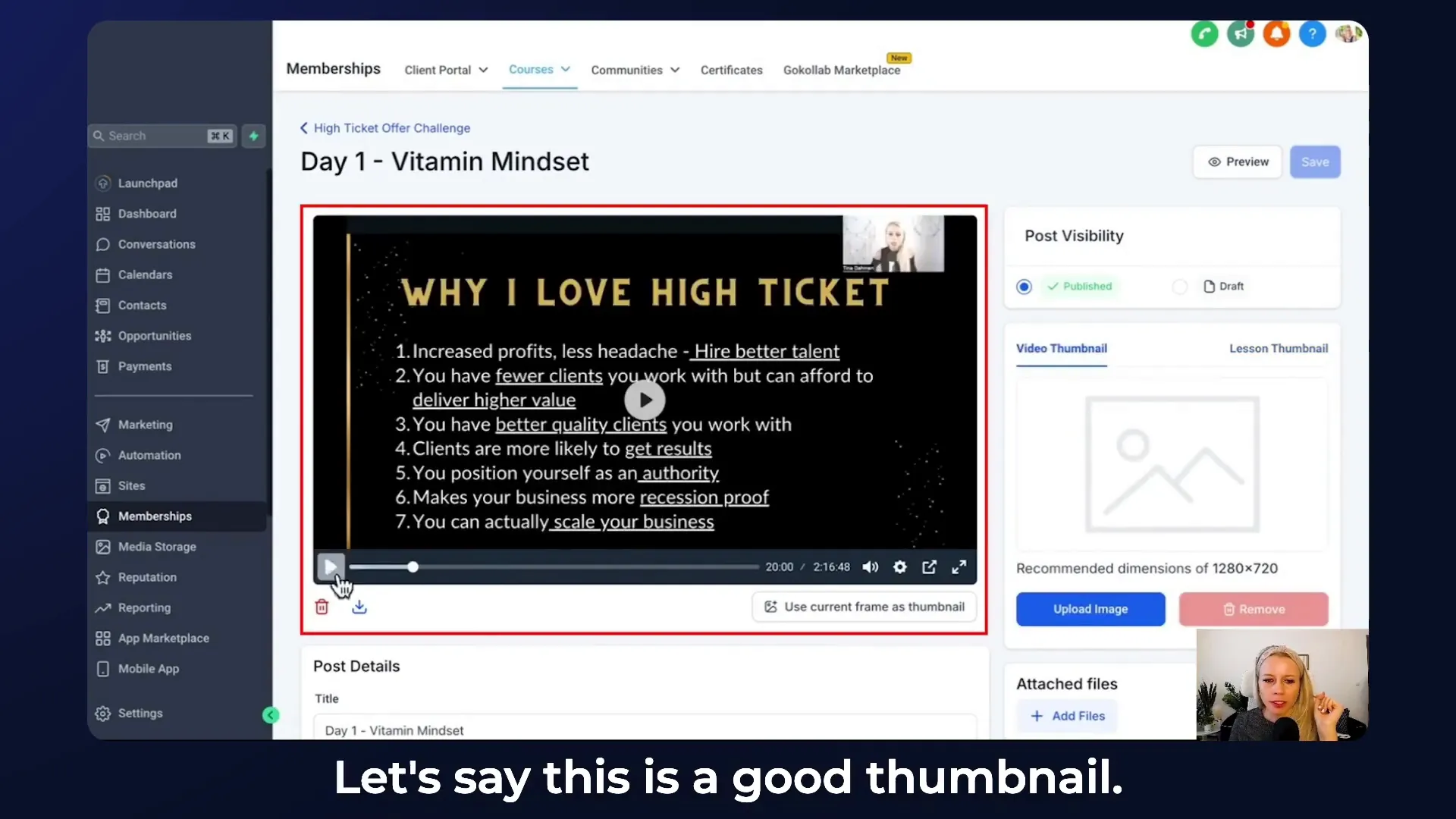 Setting video thumbnail from lesson frame