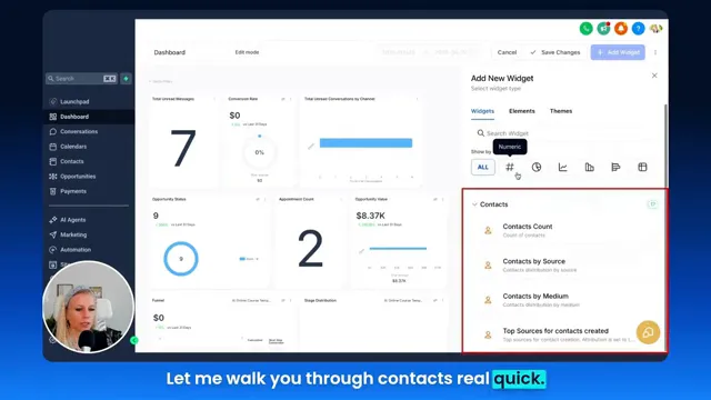 Contacts widgets list showing counts by source and medium