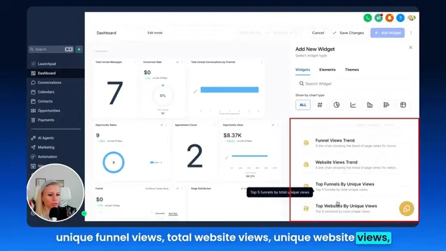 Visitor data widgets showing funnel and website views trends