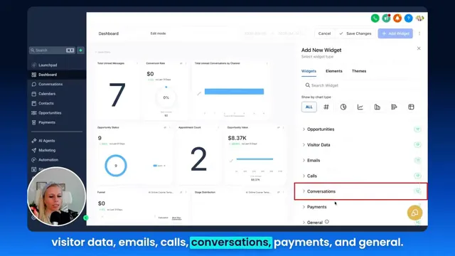 Widget categories including contacts, appointments, opportunities, visitor data, emails, calls, conversations, payments, and general