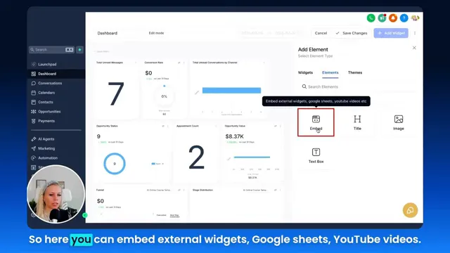 Elements menu showing options to add titles, Google Sheets, and YouTube embeds