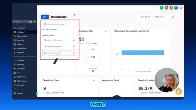 Dashboard menu showing Dashboards on the left and dropdown of available dashboards