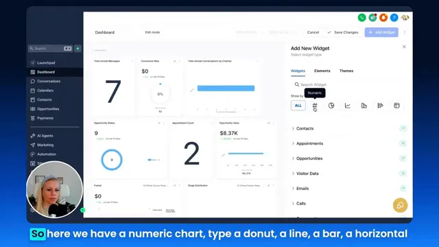 Chart type selection showing numeric, donut, line, and bar examples