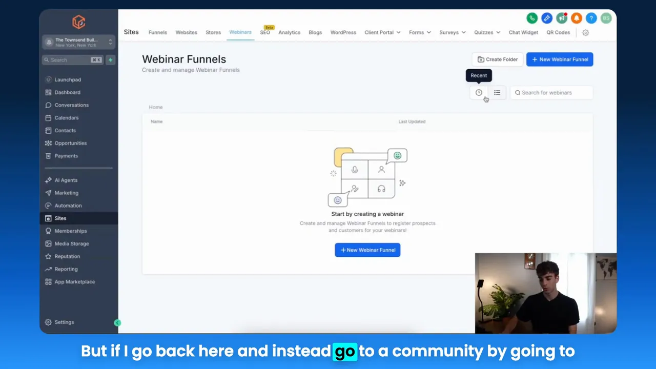 GFunnel dashboard showing webinar setup with live webinar option