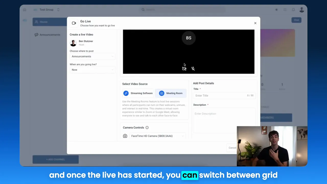 GFunnel meeting room mode with grid and speaker view options