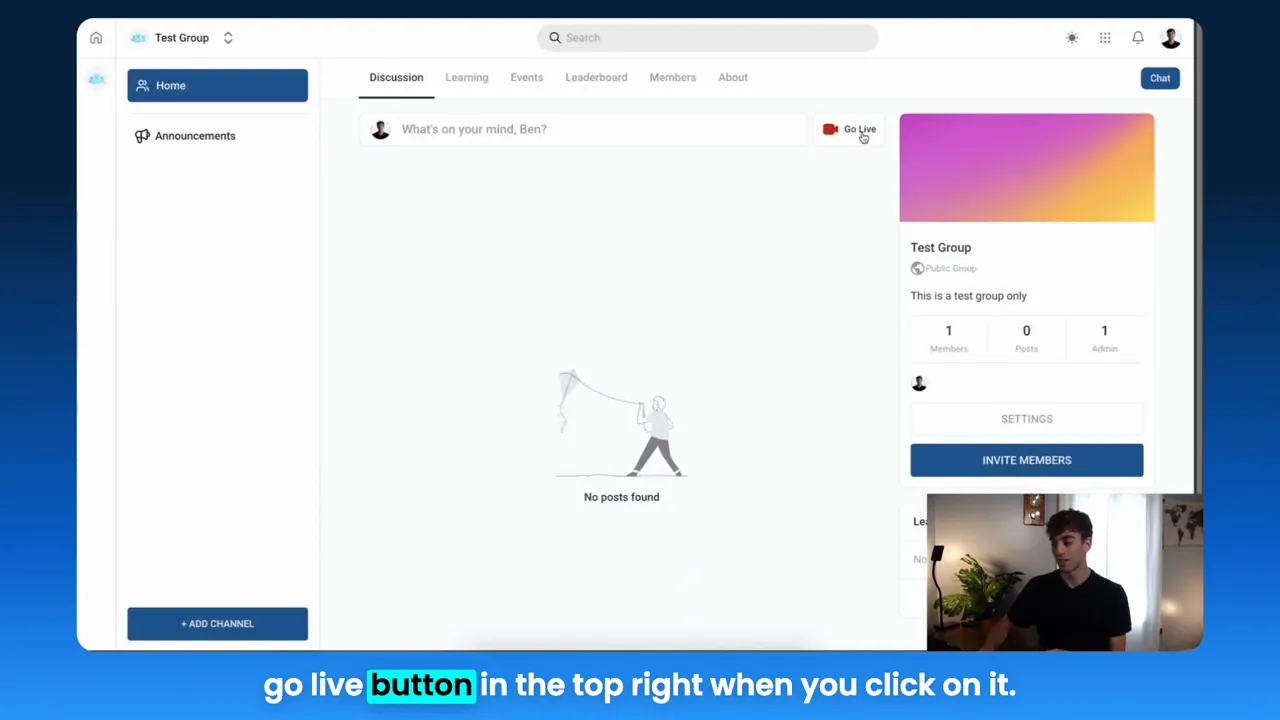 GFunnel communities interface with Go Live button in top right