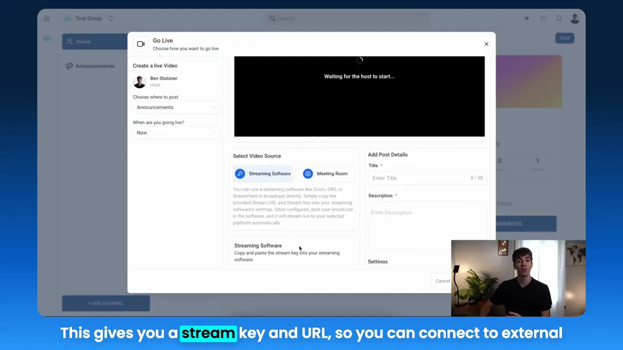 GFunnel host controls showing screen sharing and reactions