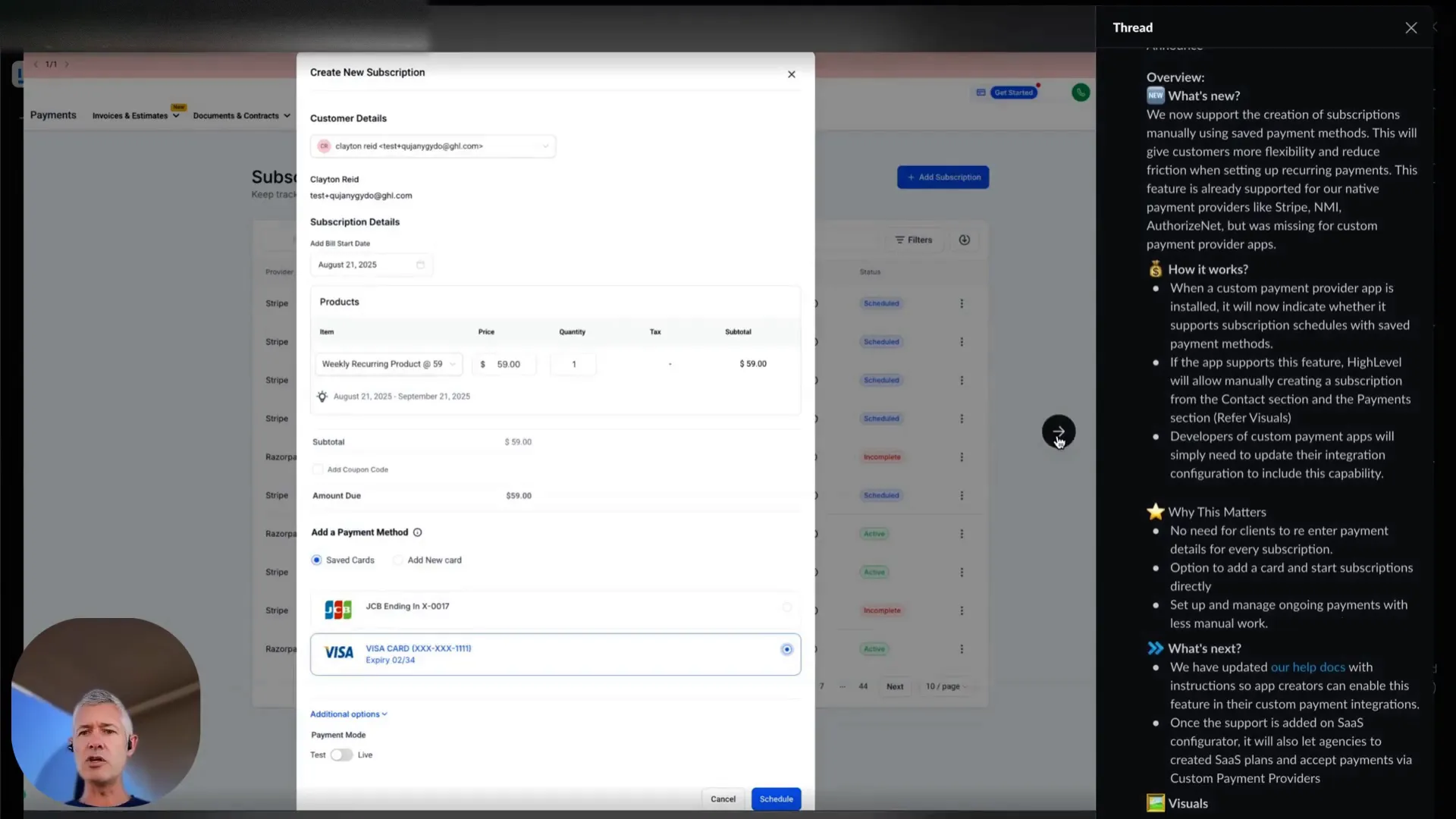Announcement that custom payment providers now support subscriptions with saved payment methods