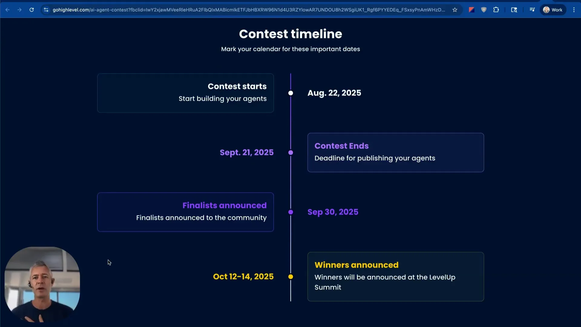 Announcement timeline with contest end date and finalist reveal details