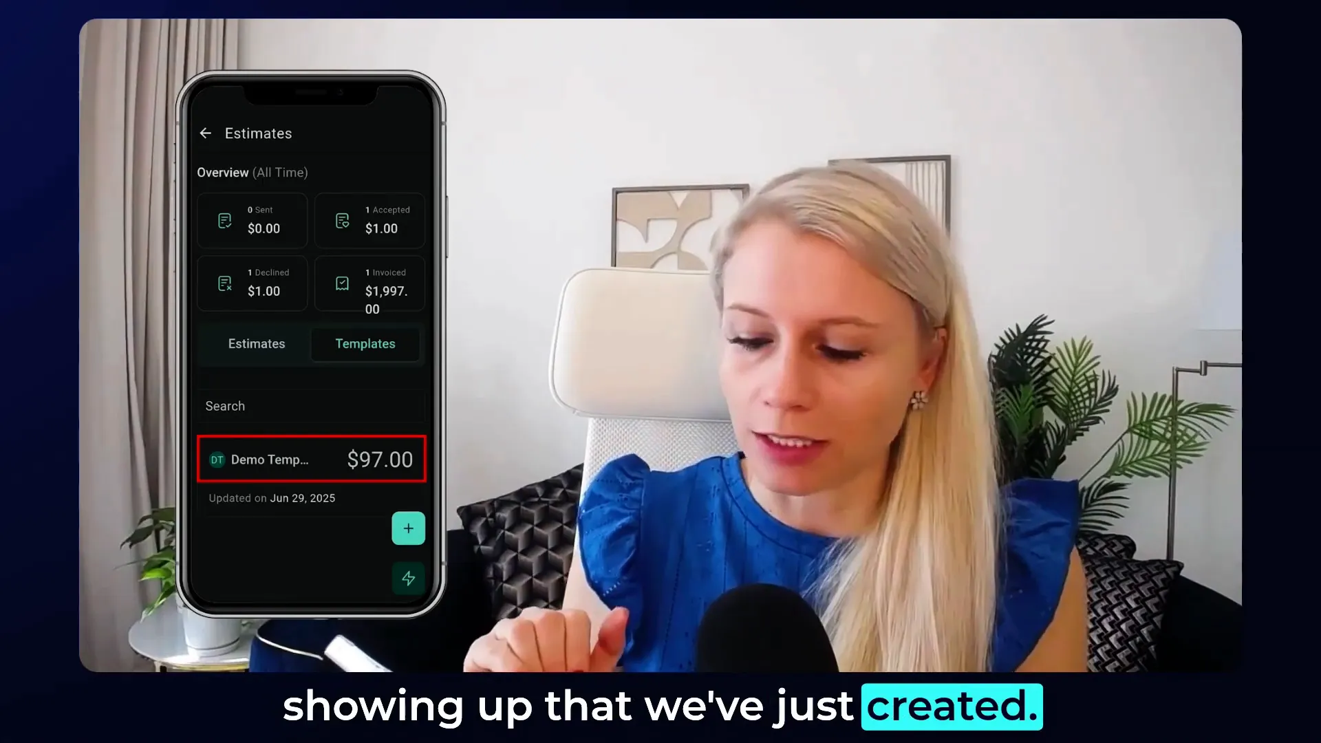 GFunnel mobile app interface showing estimate templates and customer selection