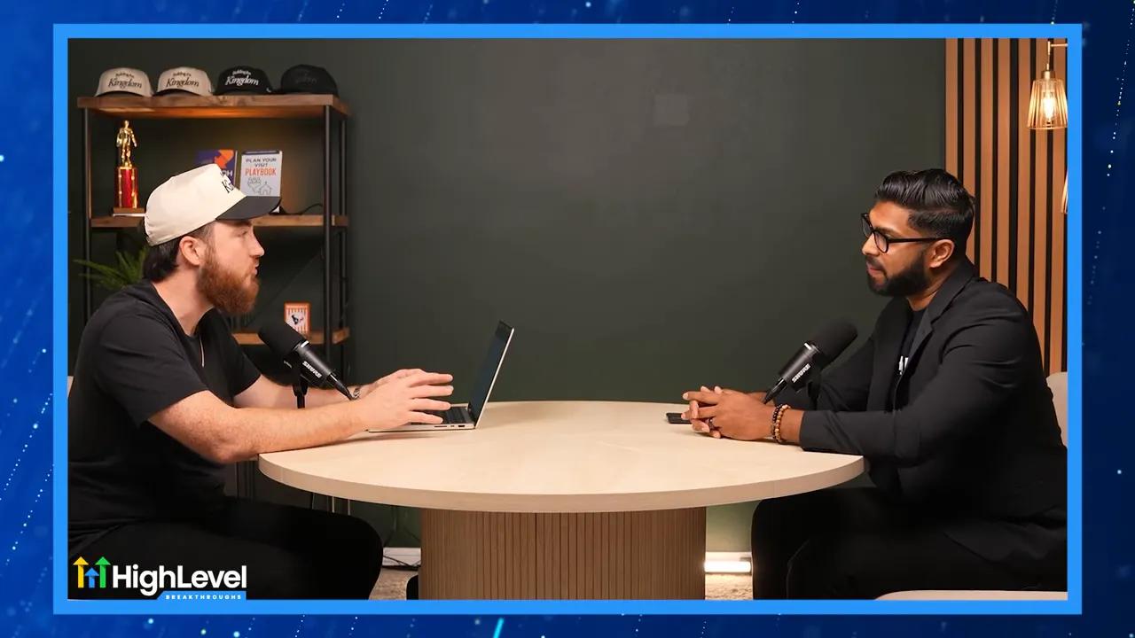 Two hosts in conversation across a round table illustrating a discussion about GFunnel features.