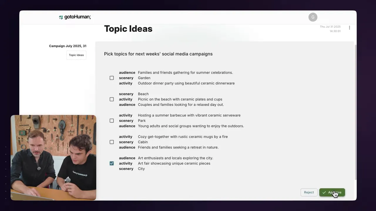 GoToHuman inbox showing campaign review with topic choices and campaign name