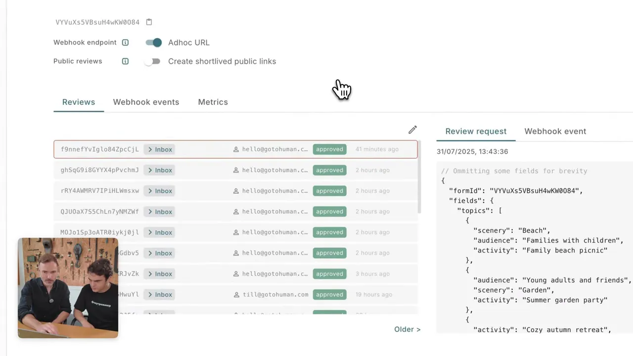 GoToHuman dashboard showing review template with checkboxes and preview