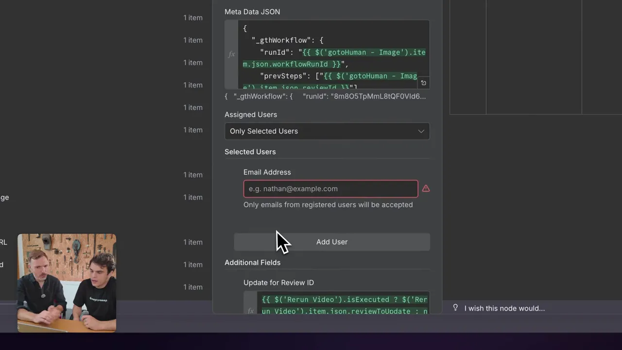 GoToHuman API request example showing review metadata structure and image URL array