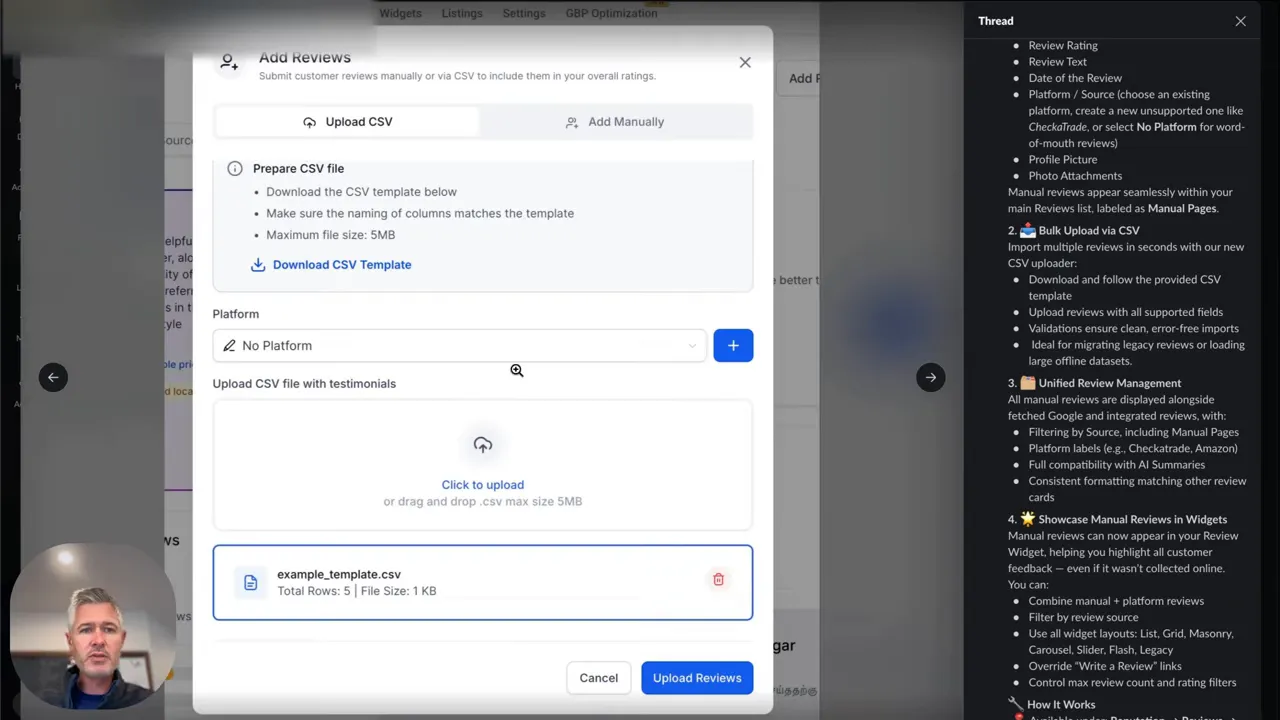 GFunnel Add Reviews modal on the Upload CSV tab showing 'Download CSV Template', an example_template.csv file loaded, and an Upload Reviews button.