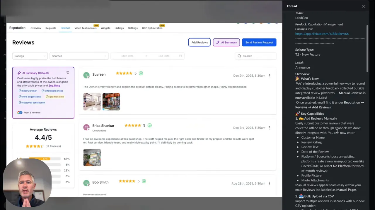 Clear GFunnel Reviews page with Average Reviews widget (4.4/5) and several detailed review cards visible.