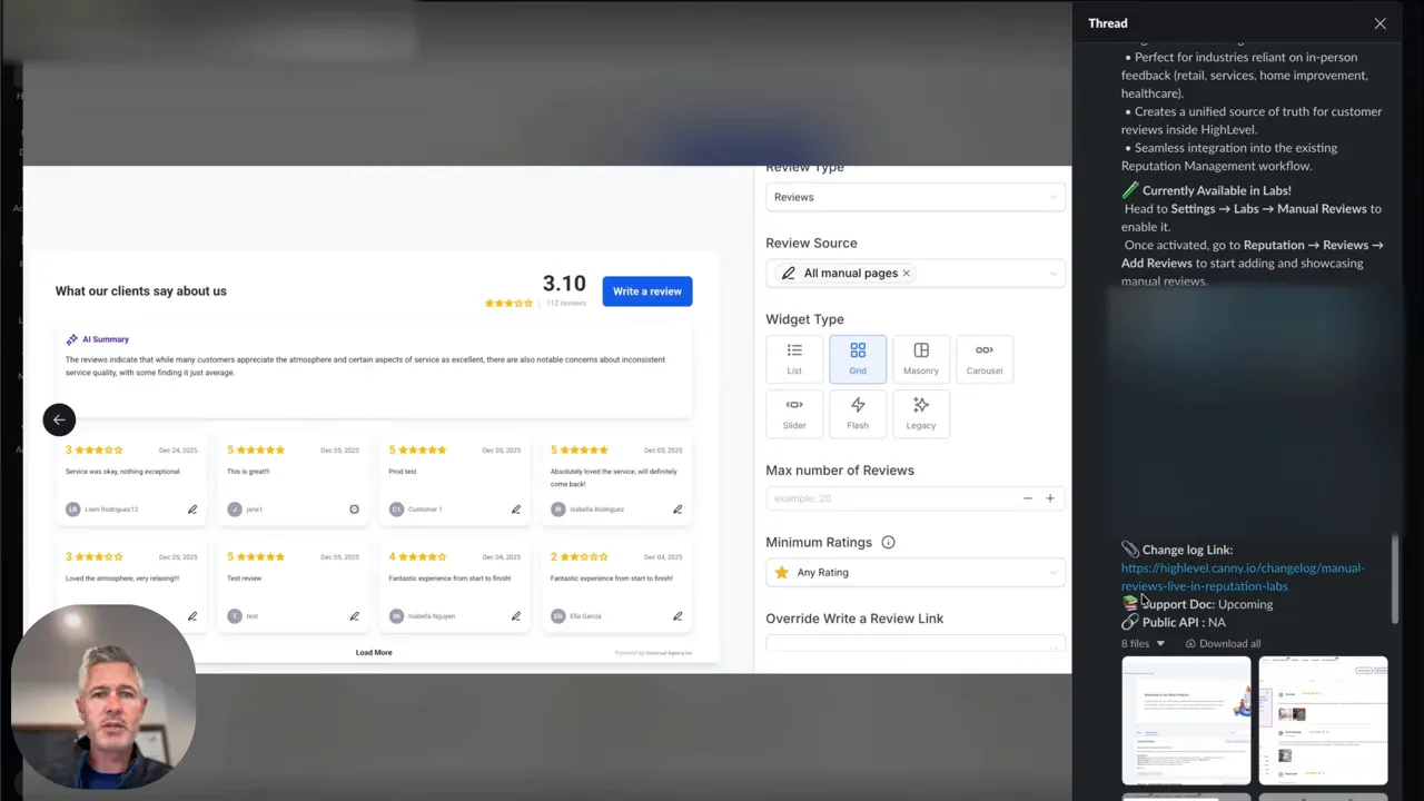 Screenshot of GFunnel review widget configuration with widget type, max number of reviews and minimum ratings visible