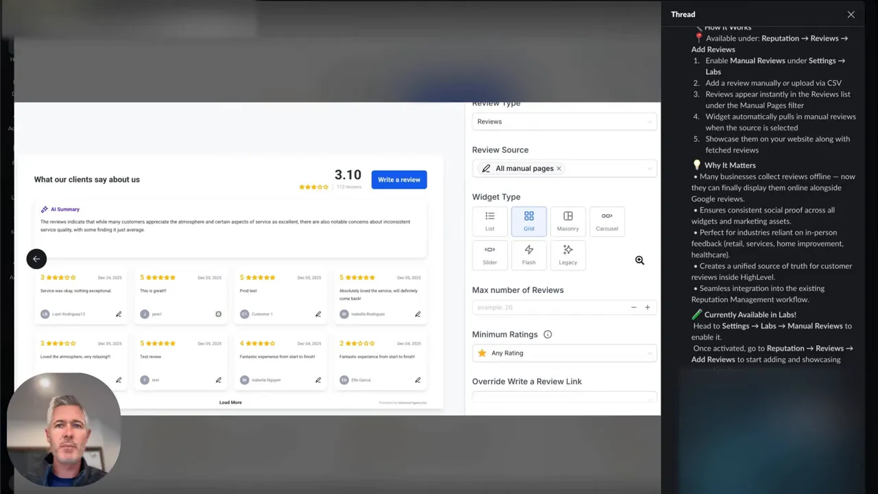 GFunnel widget settings and review grid preview showing 'Widget Type' options and review cards