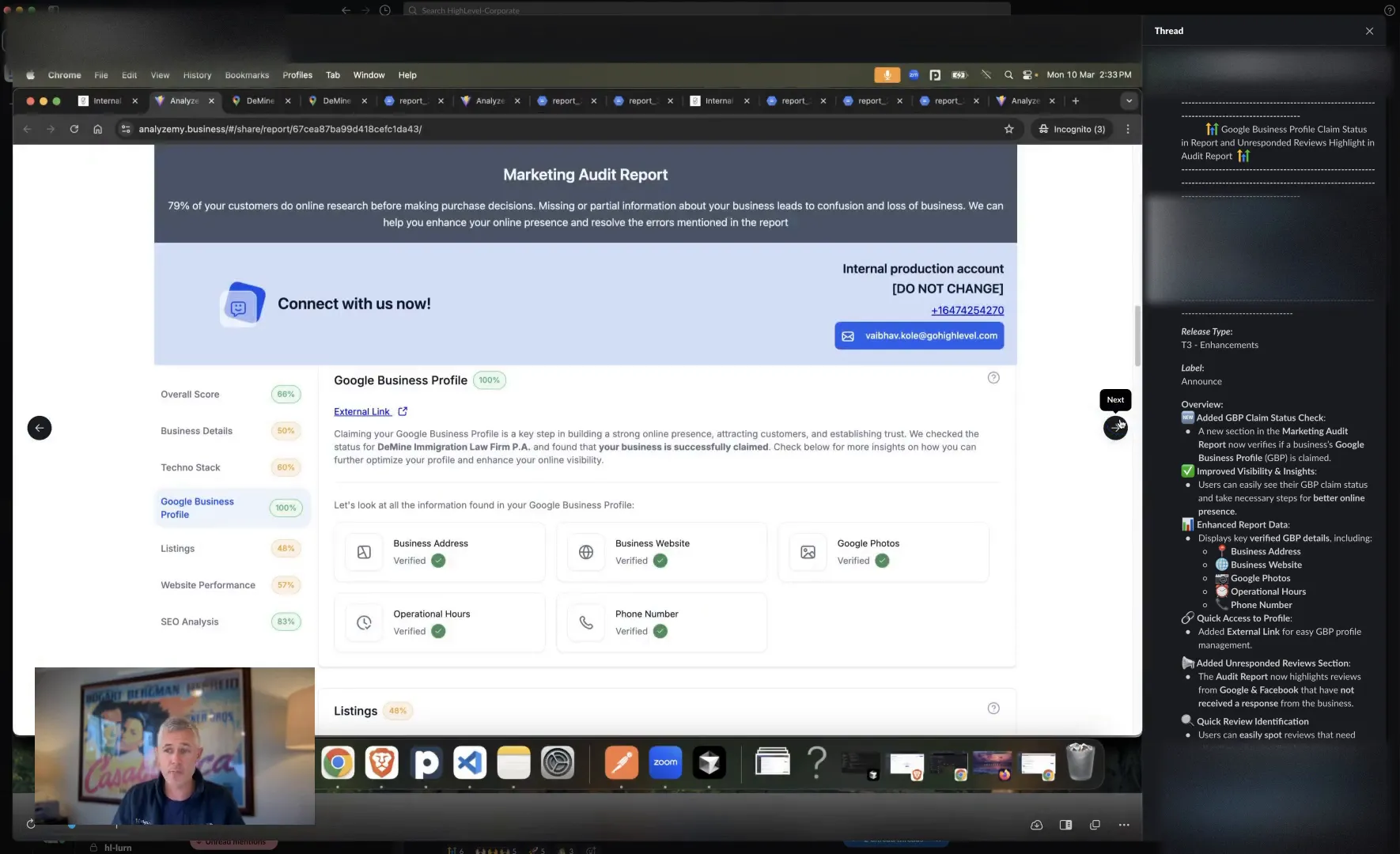 Showing GBP details including address, website, and operational hours