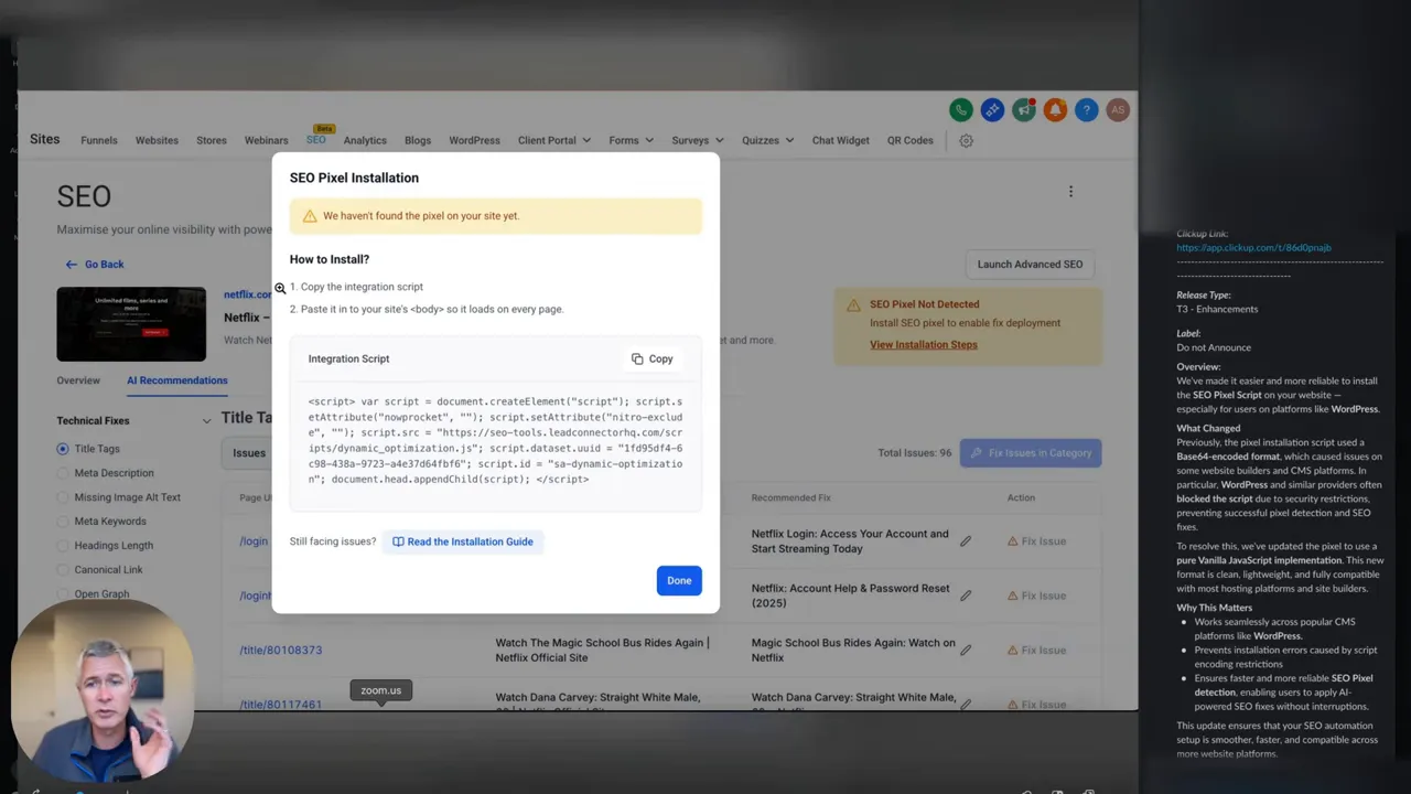 Update to installation script for the tracking pixel and instructions to copy-paste into external websites