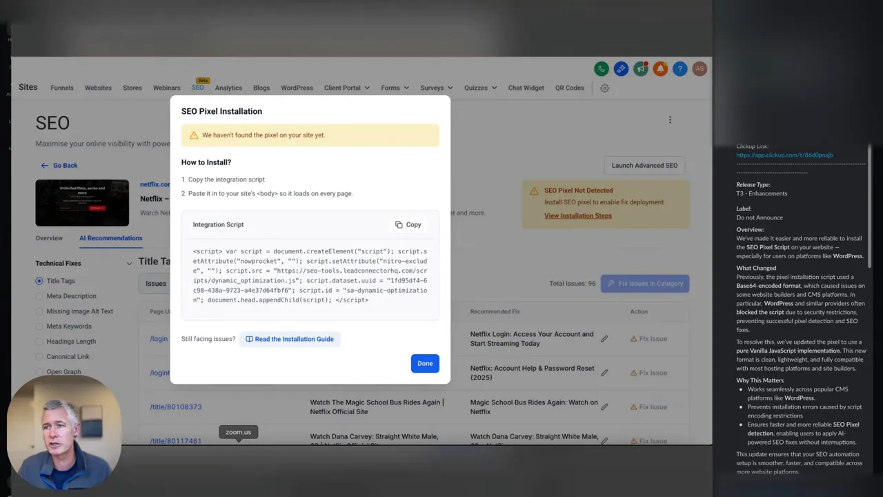 Prompt to search help docs for external website SEO and installation instructions