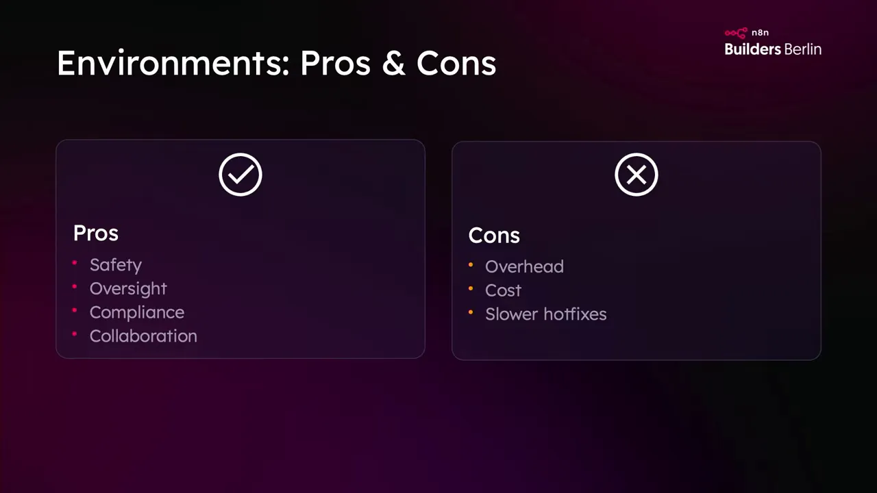 Summary slide with pros and cons of environments