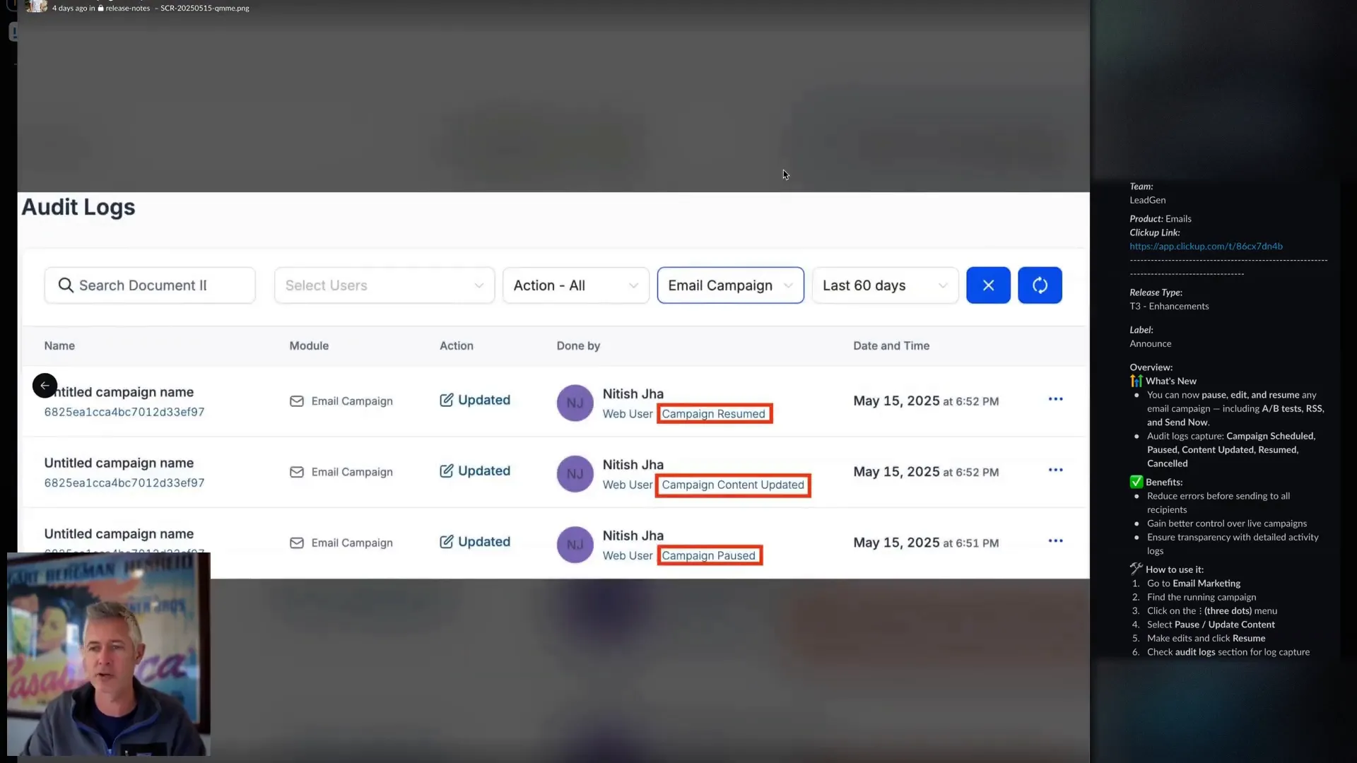 Audit logs capturing campaign schedule, pause, update, and resume actions